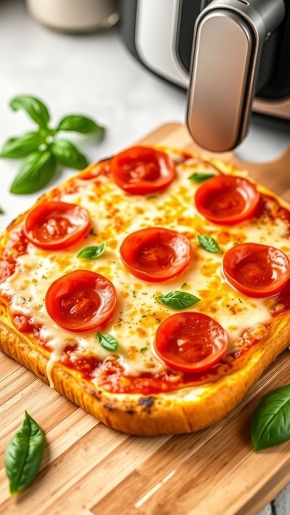 Air Fryer Frozen French Bread Pizza Recipe Crispy air fryer frozen French bread pizza with cheese and pepperoni on a wooden board.